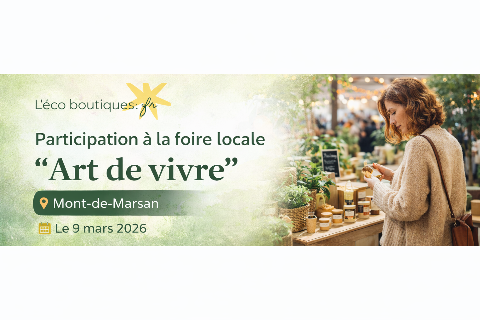 Retrouvez L’éco boutique.fr à la foire locale « Art de vivre » à Mont-de-Marsan le 9 mars 2026 et découvrez nos produits écoresponsables.